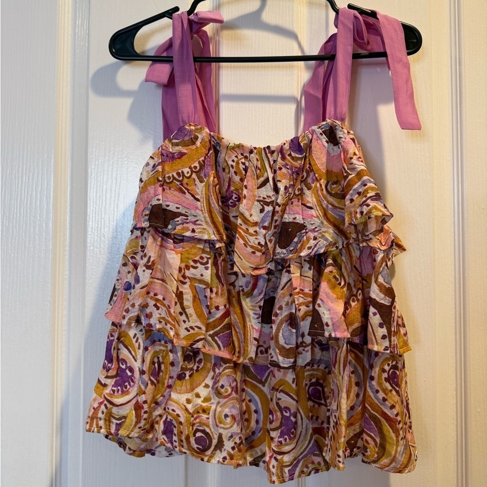 NWT By Together Purple Floral Tie Strap Ruffle Blouse Women’s Size S